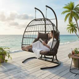 Living and Home 2-Seater Swing Hanging Egg Chair with Metal Stand in Dark Grey - Size: Medium - thumbnail 6
