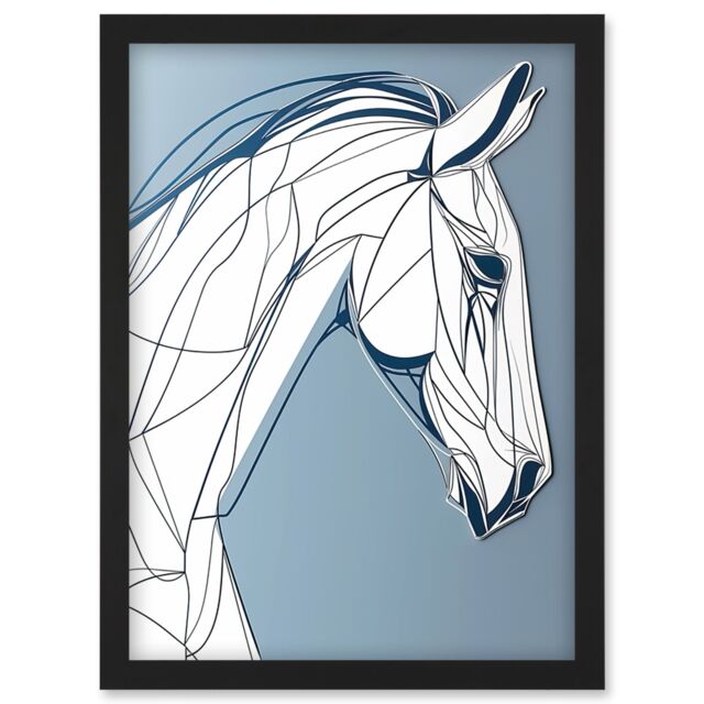 Artery8 Horse Portrait White & Blue Minimal Illustration Artwork Framed Wall Art Print A4 in Black - image 1