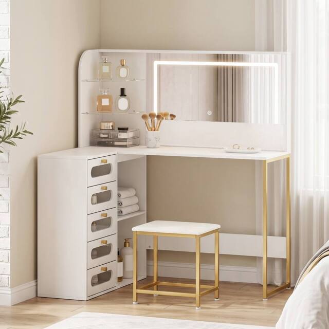 HOMCOM Dressing Table with LED Mirror & Stool, Drawers, Vanity Desk, White - image 1