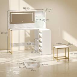 HOMCOM Dressing Table with LED Mirror & Stool, Drawers, Vanity Desk, White - thumbnail 3