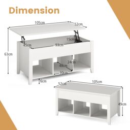 Gymax Lift Up Coffee Table Rising Center Table Accent Table With Lift Top in White - thumbnail 2