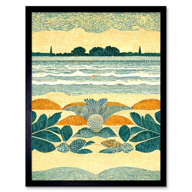 "Artery8 Wall Art Print Seaweed Sunshine & Seashells Beach Scene Seascape Art Framed in Black - Size: W12"" x H16""" - image 1