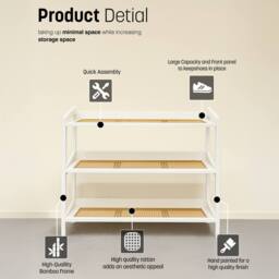 Keplin 3 Tier Bamboo & Rattan Shoe Organiser Rack - Durable, Easy Assembly in White - thumbnail 5