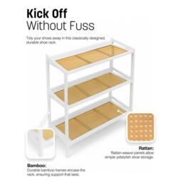 Keplin 3 Tier Bamboo & Rattan Shoe Organiser Rack - Durable, Easy Assembly in White - thumbnail 6