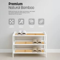 Keplin 3 Tier Bamboo & Rattan Shoe Organiser Rack - Durable, Easy Assembly in White - thumbnail 8
