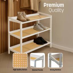 Keplin 3 Tier Bamboo & Rattan Shoe Organiser Rack - Durable, Easy Assembly in White - thumbnail 4