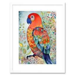 "Artery8 Wall Art Print Parrot Bird Portrait Folk Art Watercolour Painting Artwork Framed 9X7 Inch in White - Size: W7"" x H9""" - thumbnail 1
