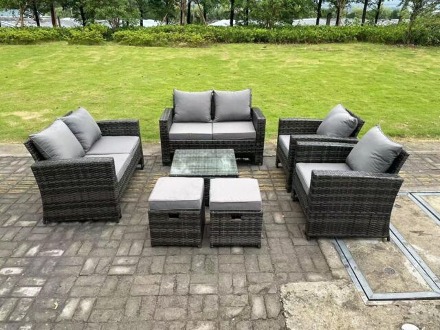Fimous 8 Seater High Back Rattan Sofa Set Square Coffee Table Garden Furniture 2 Seater Sofa Chairs Outdoor Stools in Dark Grey
