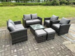 Fimous 8 Seater High Back Rattan Sofa Set Square Coffee Table Garden Furniture 2 Seater Sofa Chairs Outdoor Stools in Dark Grey - thumbnail 3