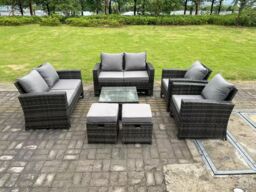 Fimous 8 Seater High Back Rattan Sofa Set Square Coffee Table Garden Furniture 2 Seater Sofa Chairs Outdoor Stools in Dark Grey - thumbnail 1