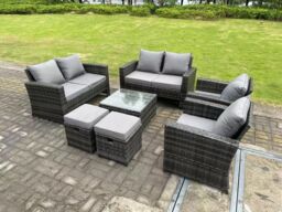 Fimous 8 Seater High Back Rattan Sofa Set Square Coffee Table Garden Furniture 2 Seater Sofa Chairs Outdoor Stools in Dark Grey - thumbnail 2
