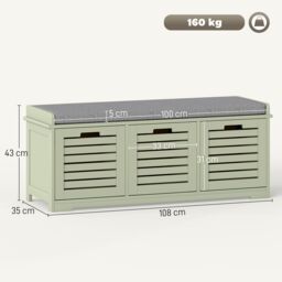 HOMCOM 3-Door Shoe Storage Bench Cushion Seat Slatted Doors in Green - thumbnail 3