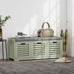 HOMCOM 3-Door Shoe Storage Bench Cushion Seat Slatted Doors in Green - thumbnail 1