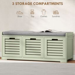 HOMCOM 3-Door Shoe Storage Bench Cushion Seat Slatted Doors in Green - thumbnail 4
