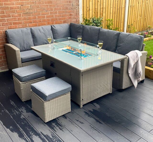 Outdoor Living The Conwy 8 Seat Corner Gas Firepit Rattan Dining Set in Grey - image 1