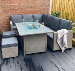 Outdoor Living The Conwy 8 Seat Corner Gas Firepit Rattan Dining Set in Grey - thumbnail 2