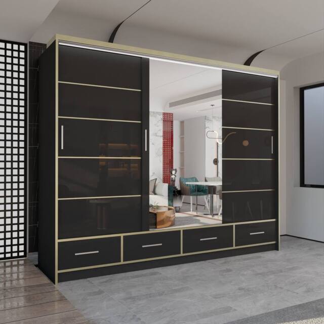 Sliding Wardrobes 4U Modern High Gloss Wardrobe with LED Light & Mirror Doors 253×220cm in Black - image 1