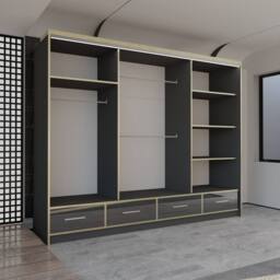 Sliding Wardrobes 4U Modern High Gloss Wardrobe with LED Light & Mirror Doors 253×220cm in Black - thumbnail 3