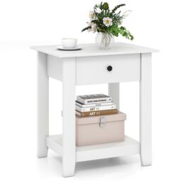 Costway 3-Tier Modern Bedside Table Wooden Nightstand with Drawer in White