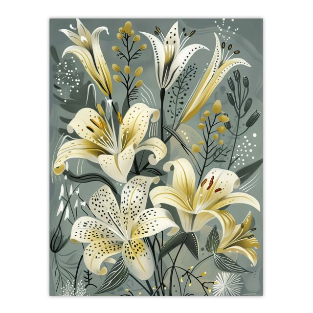 "Artery8 Elegant White Lily Bouquet Grey Gold Floral Wall Art Print - Size: W12"" x H16""" - image 1