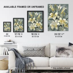 "Artery8 Elegant White Lily Bouquet Grey Gold Floral Wall Art Print - Size: W12"" x H16""" - thumbnail 3