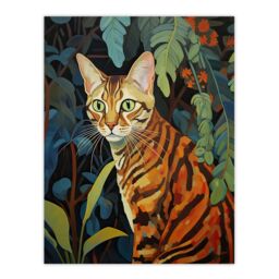 "Artery8 Wall Art Print Bengal Cat Botanical Oil Painting Orange Green Blue Garden Plant Leaves Poster - Size: W18"" x H24""" - thumbnail 1