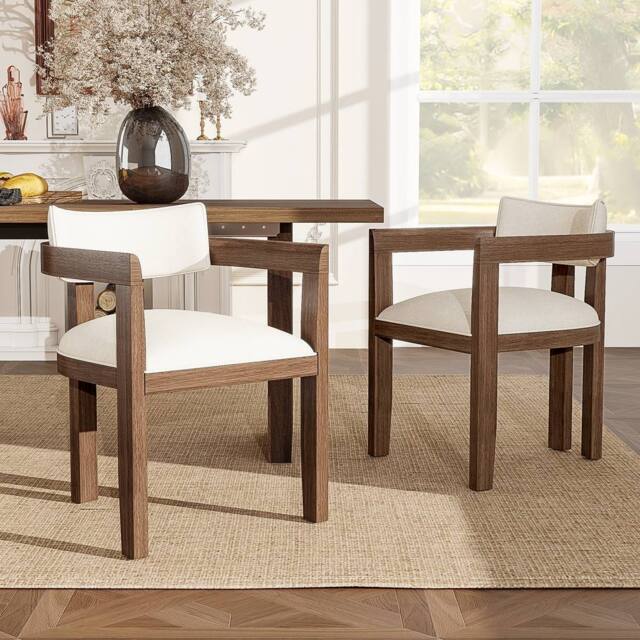 BTM Set of 2/4/6 Solid Wood Dining Chairs Upholstered in textured linen in Brown - Size: 2 Pack - image 1