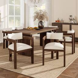 BTM Set of 2/4/6 Solid Wood Dining Chairs Upholstered in textured linen in Brown - Size: 2 Pack - thumbnail 4