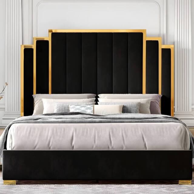 PARADISE BEDS LTD Royal Touch Velvet Upholstered Double Bed Set in Black - image 1