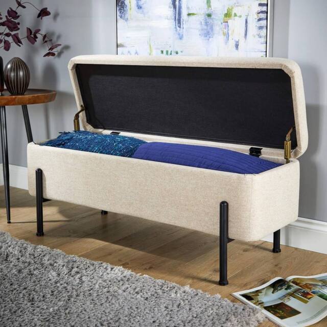 Home Source Storage Ottoman Seat Boucle Velvet Metal Legs Compact Bedroom Storage in Off-White - image 1