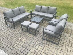 Fimous Aluminium Patio Outdoor Garden Furniture Lounge Sofa Set with Square Coffee Table 2 Chairs 2 Small Footstool Dark Grey - thumbnail 1
