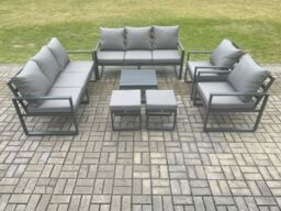 Fimous Aluminium Patio Outdoor Garden Furniture Lounge Sofa Set with Square Coffee Table 2 Chairs 2 Small Footstool Dark Grey - thumbnail 2