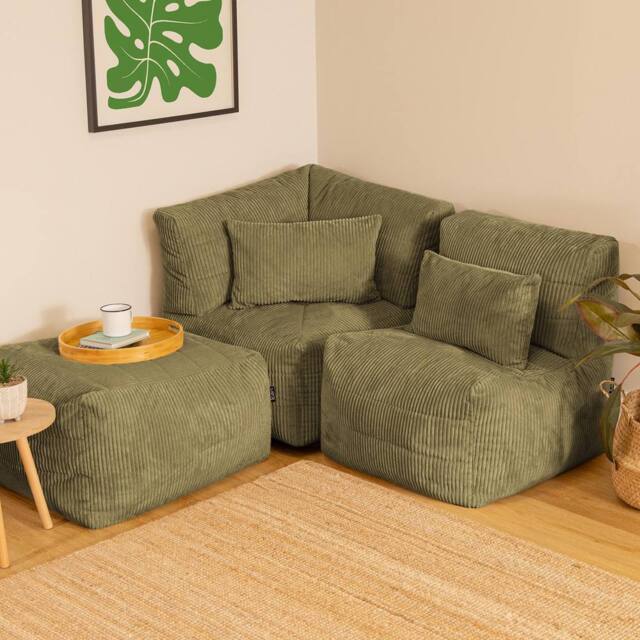 icon 3pcs Noa Bean Bag, 1x Corner, 1x Recliner, 1x Slab, Jumbo Cord in Green - image 1