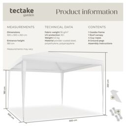 tectake Gazebo Farah- water resistant, plug-in system, 3x3m in White - Size: Large - thumbnail 6