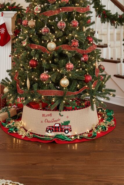 Living and Home Burlap Merry Christmas Tree Skirt Collar in White - image 1