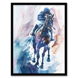"Artery8 Jockey on Racehorse Modern Watercolour Light Framed Art Print - Size: W12"" x H16""" - thumbnail 1