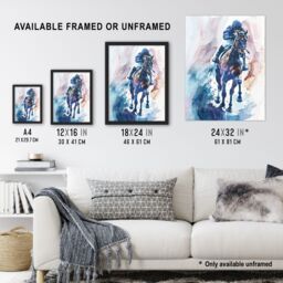"Artery8 Jockey on Racehorse Modern Watercolour Light Framed Art Print - Size: W12"" x H16""" - thumbnail 3