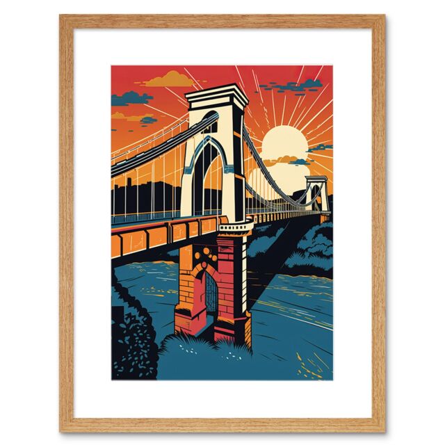 "Artery8 Wall Art Print Clifton Suspension Bridge Sunset Modern Pop Artwork Framed 9X7 Inch in Beige - Size: W7"" x H9""" - image 1