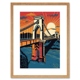 "Artery8 Wall Art Print Clifton Suspension Bridge Sunset Modern Pop Artwork Framed 9X7 Inch in Beige - Size: W7"" x H9""" - thumbnail 1