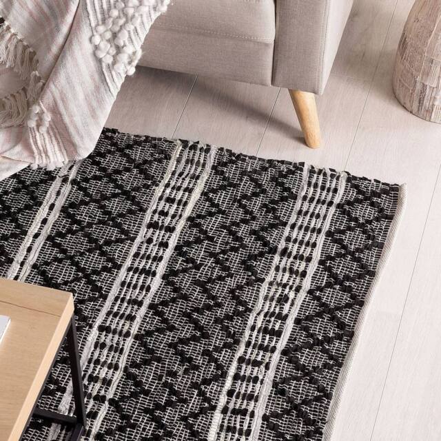 Wyld and Coco Hand-Loomed Leather Chevron Rug Black-Beige 140 x 200 cm in Black - Size: 140 cm x 200 cm - image 1