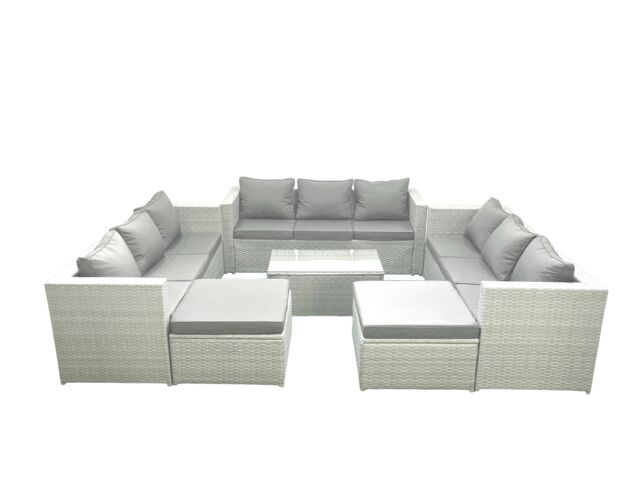 Fimous Rattan Garden Outdoor Furniture Set 11 Seater Garden Sofa Coffee Table Set with 2 Big Footstools Light Grey Mixed - image 1