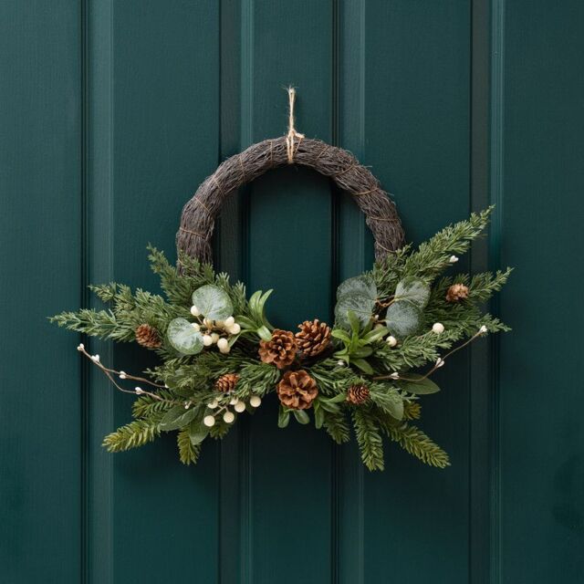 Scottish Everlastings Ltd 40cm Real Touch Half Wreath Mistletoe & Cone in Green - image 1