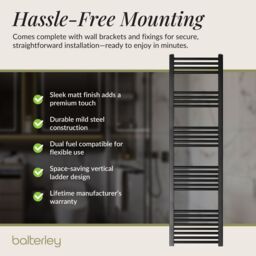 Balterley Straight Heated Towel Rail Radiator, 383W, 400 x 1800mm, Matt Black - thumbnail 4