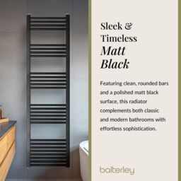 Balterley Straight Heated Towel Rail Radiator, 383W, 400 x 1800mm, Matt Black - thumbnail 6