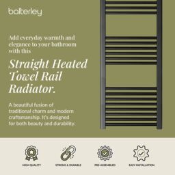Balterley Straight Heated Towel Rail Radiator, 383W, 400 x 1800mm, Matt Black - thumbnail 2