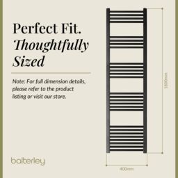 Balterley Straight Heated Towel Rail Radiator, 383W, 400 x 1800mm, Matt Black - thumbnail 5