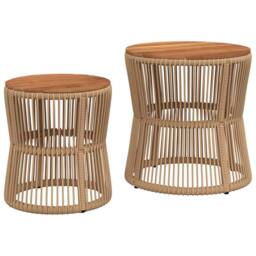 Berkfield Home Garden Side Tables 2 pcs with Wooden Top Beige Poly Rattan - thumbnail 2
