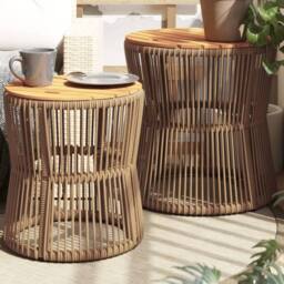 Berkfield Home Garden Side Tables 2 pcs with Wooden Top Beige Poly Rattan - thumbnail 1
