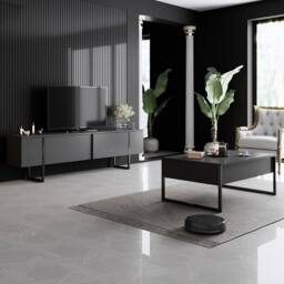 CALICOSY LUXURY TV Stand With 2 Drop-Down Doors, 180 Cm Wide in Charcoal - thumbnail 4