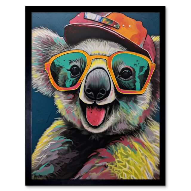 "Artery8 Wall Art Print Happy Koala Bear Sunglasses & Hat Modern Pop Art Framed in Black - Size: W12"" x H16""" - image 1